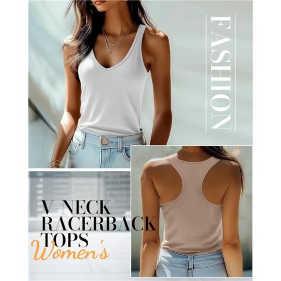 3 Pack Women's Tank Tops Summer V Neck Racerback Tops Loose Fit Casual - Picture 3 of 7